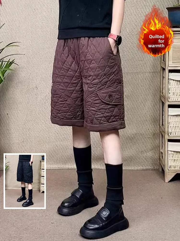 

Retro Diamond Pattern down Cotton Lightweight Warm Pants Five-Quarter Pants plus Size Women's Casual Boot Pants Winter High W...