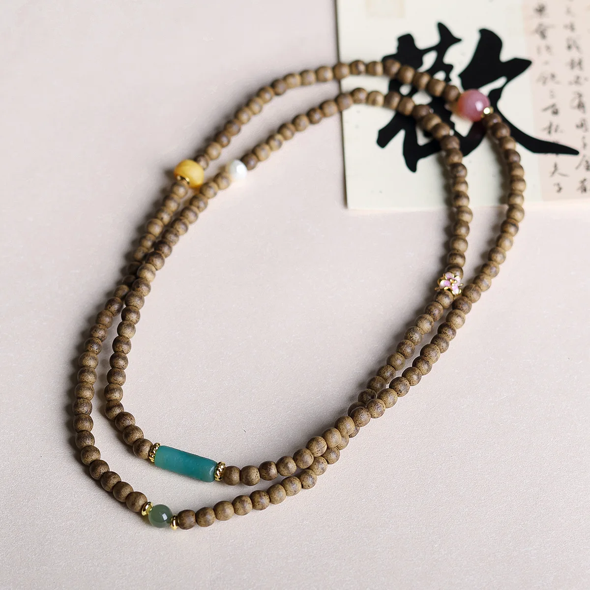Multi-loop Bracelet of First-grade Yellow Butter Agarwood with Amber, Jade, Pearls, and Southern Red Agate