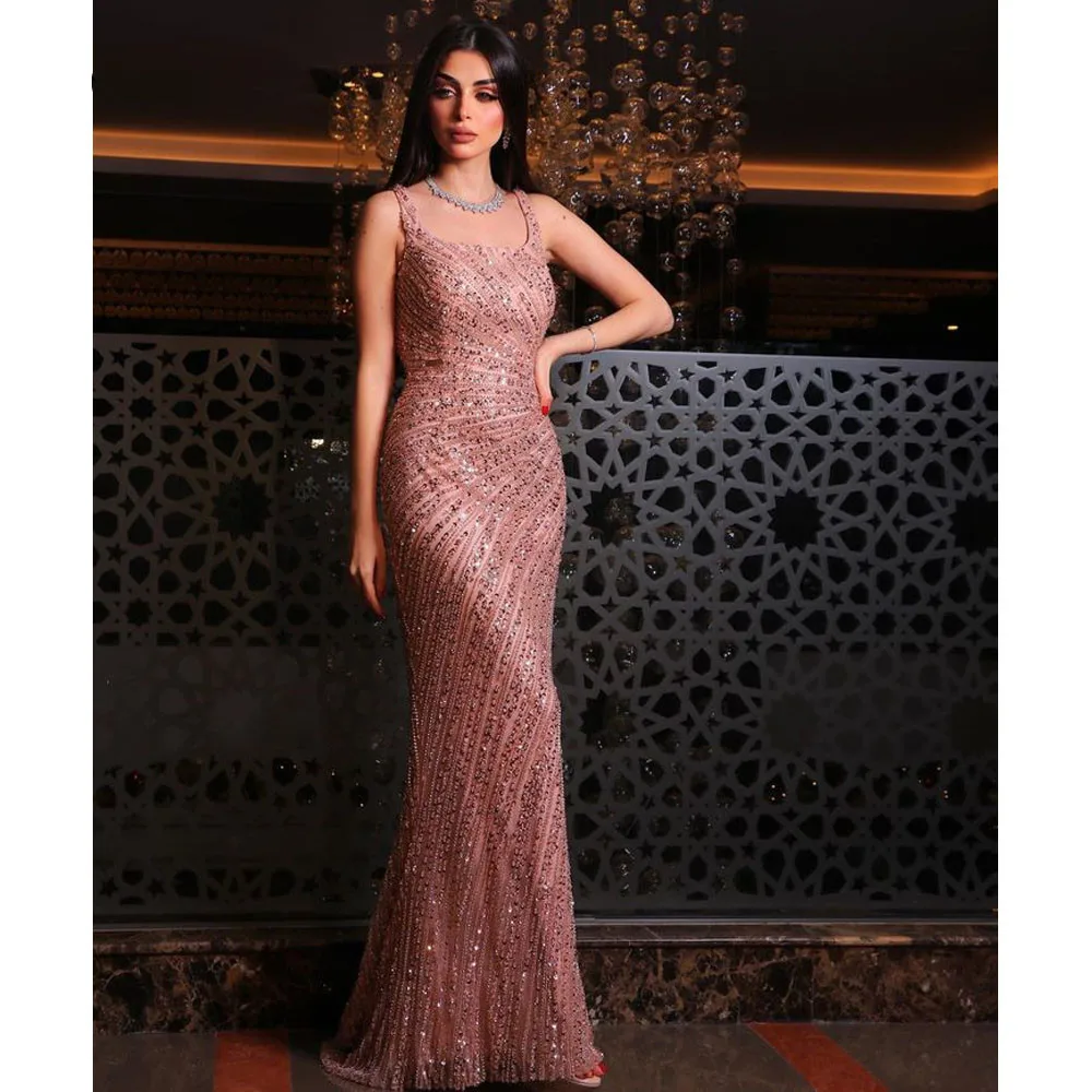 Pink Mermaid Detachable Evening Dresses Straps Beaded Sleeveless Luxury Arabic Prom Gowns 2023 For Women Wedding Party Vestidos