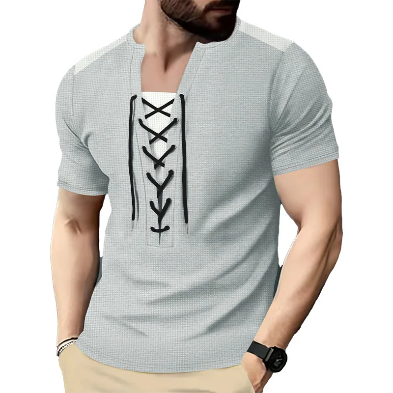 Summer Men's T-Shirt Casual Tether Design Waffle Cardigan Loose Breathable Short Sleeves