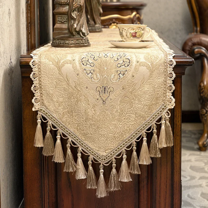European Court Table Runner with Tassels Exquisite Long Pointed Tablecloth for Living Banquet Room Wedding Party Dining Decor