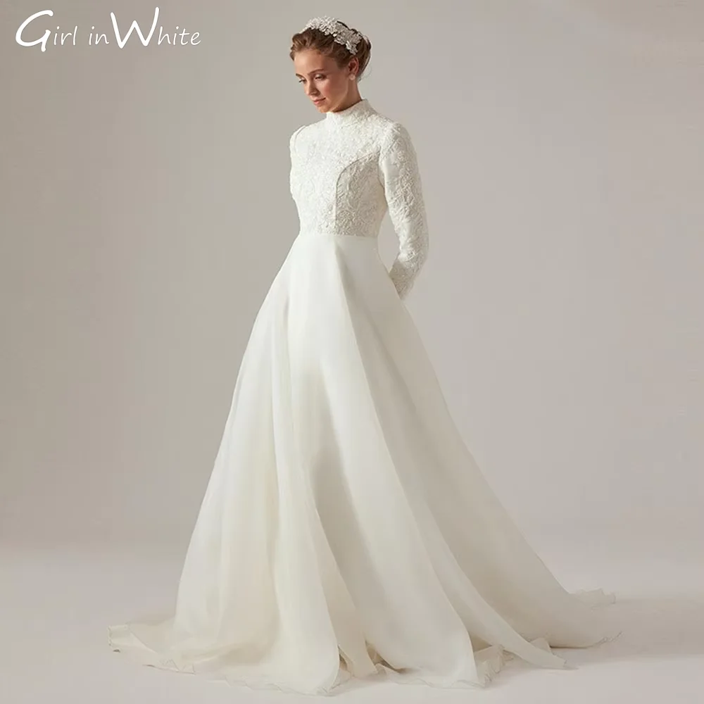 Robe de mariée trapèze musulmane exquise, col haut, ivoire, avec des appliques, manches longues plissées, personnalisée, 2025