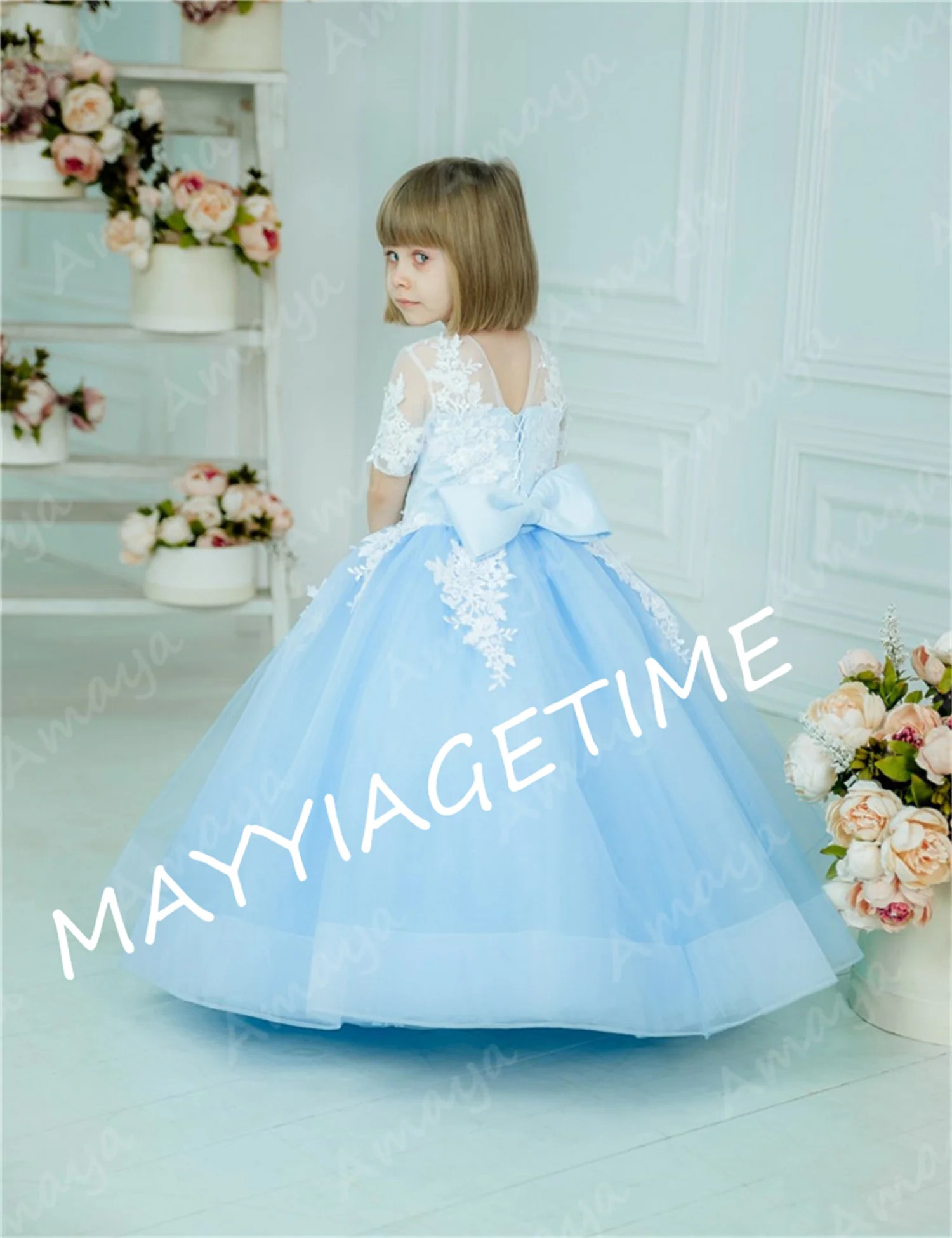 Sky Blue Flower Girls Dresses for Wedding Puffy Half Sleeves Lace Appliques Pageant Birthday Gowns Vestido de Niña