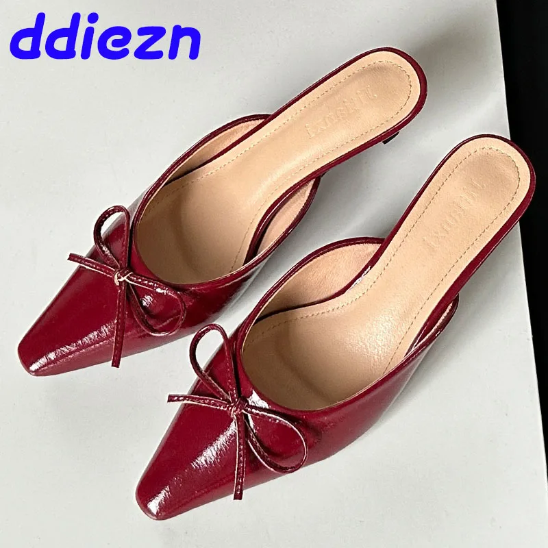 Red Footwear Heels Pumps Female Slides Shoes For Women Mules Fashion Butterfly-Knot Ladies Medium Heels Sandals Slippers Shoes