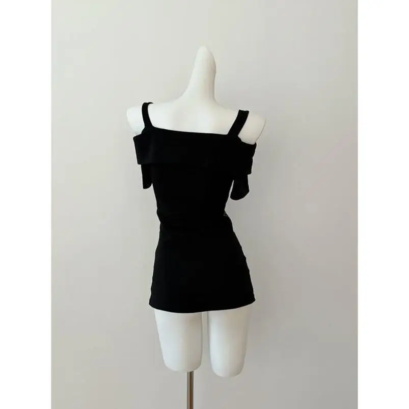Y2K American Spicy Girl Design Zipper One oulder Or Sve T-shirt Donna Estate Apy Cultural Bla Strap Faion Set