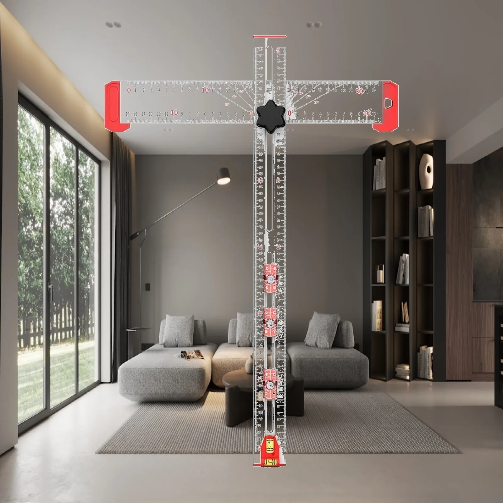 Multifunctional T Ruler with Bubble Level and Sliding Block for Carpenter Measuring Tool Workshop Marking Square for Shelving