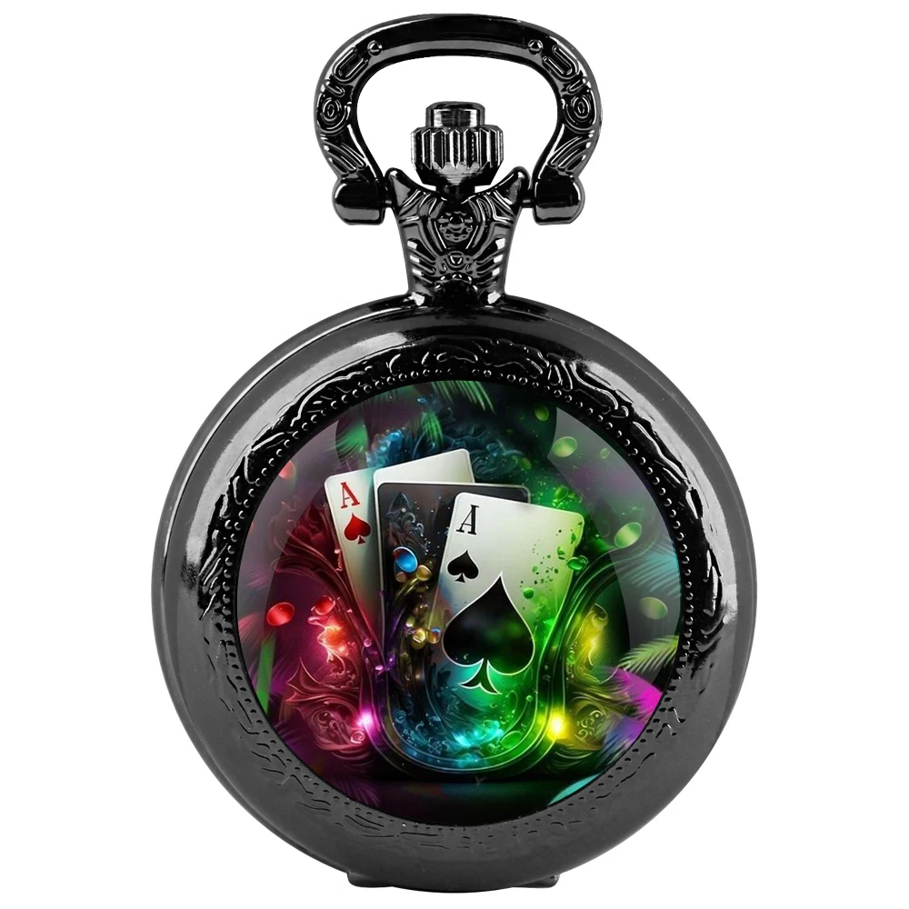 ساعة جيب كوارتز سوداء على شكل قبة زجاجية من Magic Poker مع قرص أرقام عربية وسلسلة متينة هدية كلاسيكية للرجال والنساء