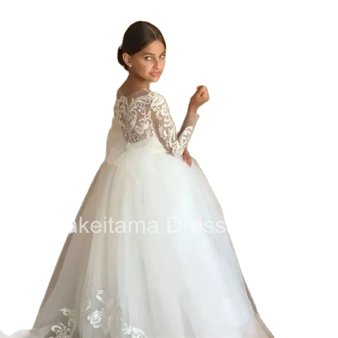 White Communion Dress for Girls Long Sleeve Floral Lace Tulle A Line Gown with Bow Train Appqulies Wedding Even Kids