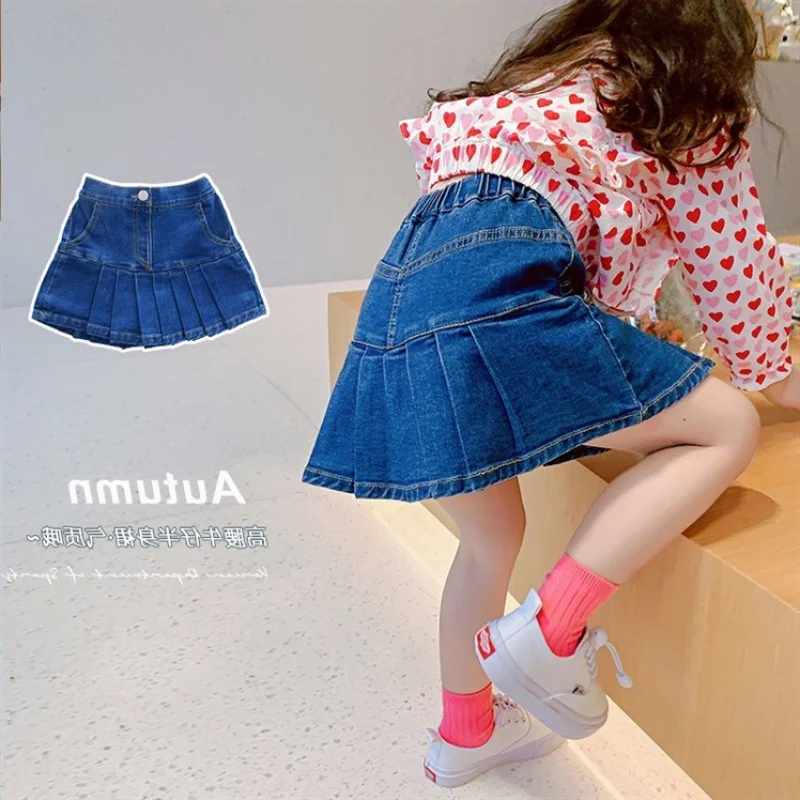 

Xihong Children's Clothing Girls' Stretch Denim Pleated Pantskirt Spring New Fashion Baby Blue SkirtWS