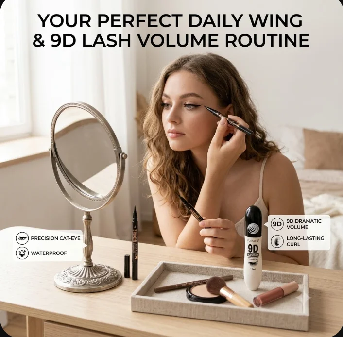 Waterproof Eyeliner & 9D Silk Fiber Mascara Set for Women, Long-Lasting Smudge-Proof Party Stage Glam Makeup Combo, Volumizing &