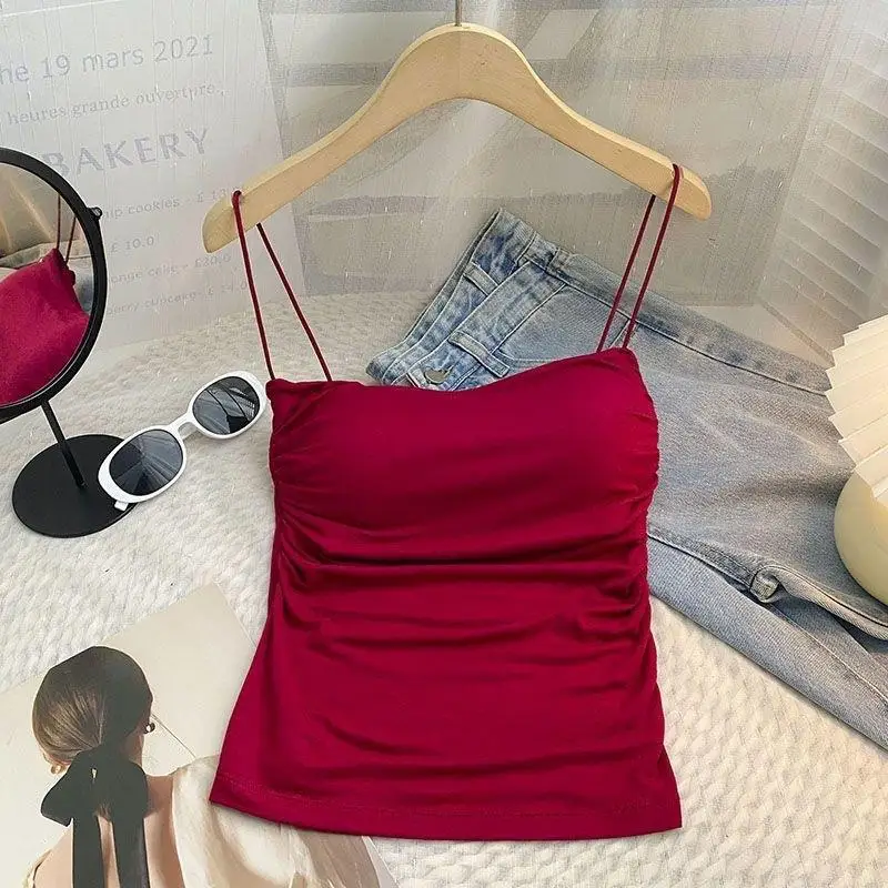 Summer Sexy Slim Fit Camisole Vest Cropped Top With Thin Straps Women Tank Tops Sleeveless Solid Color Built In Bra Tees Korean