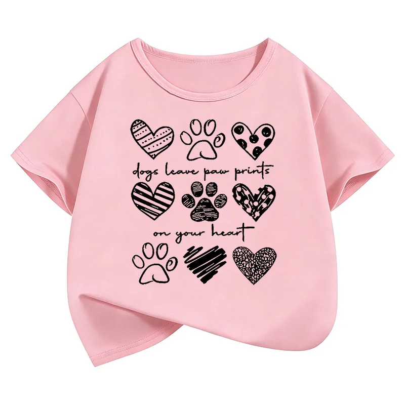 Cute Dog Paw with Love Heart Graphic Kids Tshirts Summer Short Sleeve Tees Boys Girls Clothes Kawaii Tops Y2K Children T-shirt