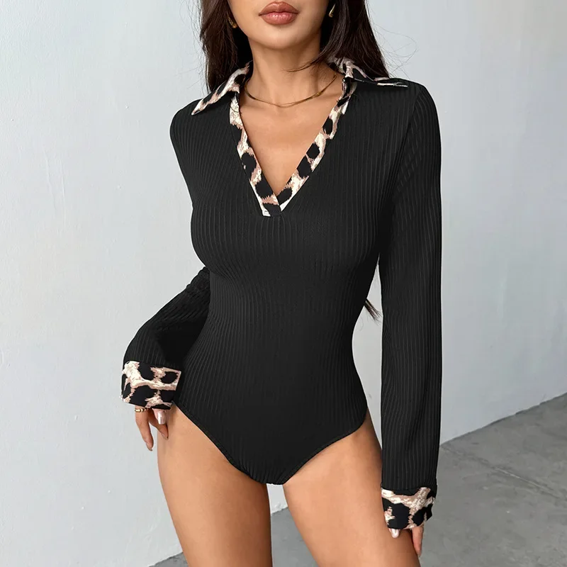 

2026 New Spring European and American Slim-fitting Long-sleeved Spliced ​​leopard Print Lapel Knitted Jumpsuit for Women