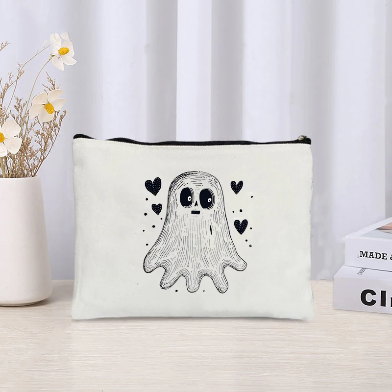 Cartoon Ghost with Red Heart Floating Printed Canvas Bag Organizer Zipper Storage Pouch Cosmetic Bag Pencil Case Halloween Gift