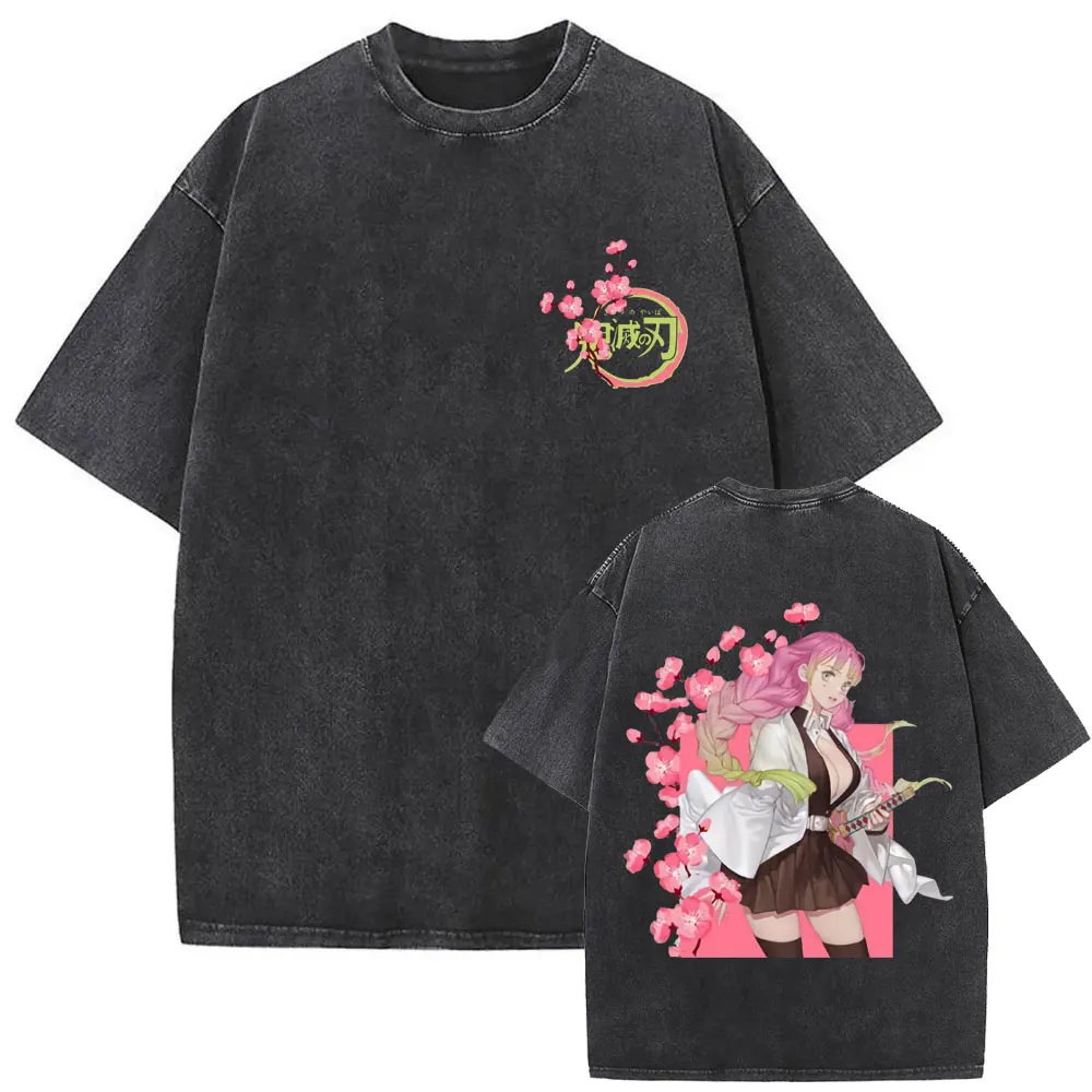 

Washed Vintage Anime Demon Slayer Kanroji Mitsuri Cherry Blossom Logo Print T-shirts Men Women Clothing Casual Crewneck T Shirts
