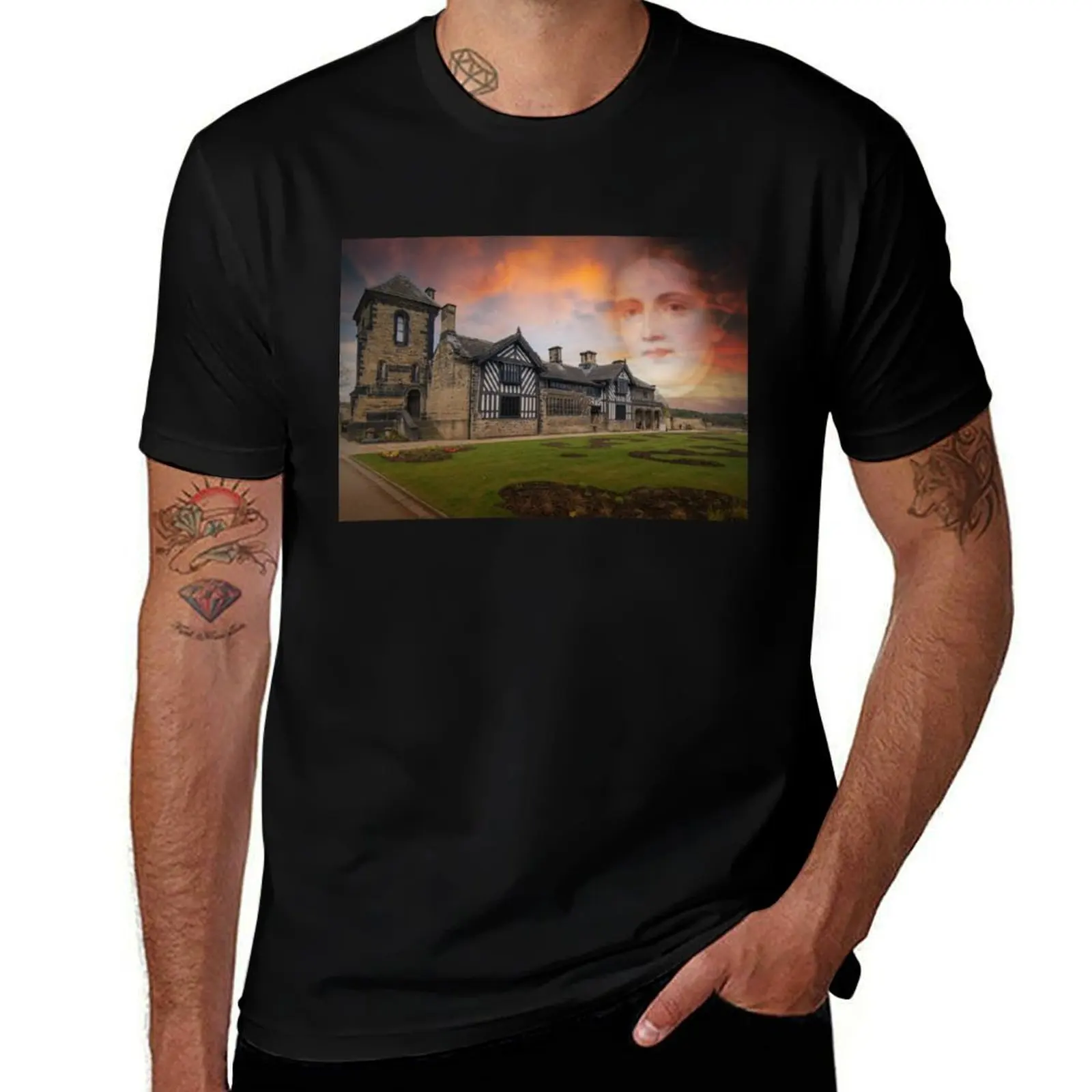 Shibden Hall, Halifax, with Anne Lister portrait in background cushion, bag T-Shirt Plus Size Summer Casual T-Shirt