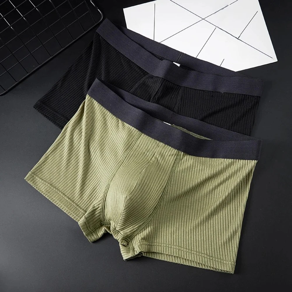 Men Contrast Color Middle Waist Ribbed Big U Pouch Boxers Shorts Breathable Stretch Underwear Panties For Youth Man