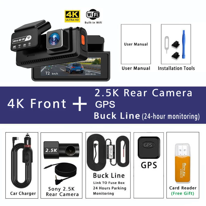 ADAS Dashcam 4K+2.5K GPS WIFI 24 uur nachtzicht mini optionele achteruitrijcamera dashcam auto DVR video recorder camera voor auto black box