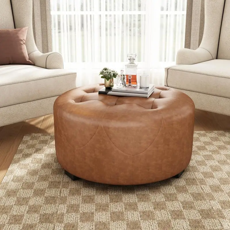 

Small Upholstered Round Ottoman, Button Tufted, PU Leather, Orange Brown, Compact Design for Living Room, Bedroom, or Office
