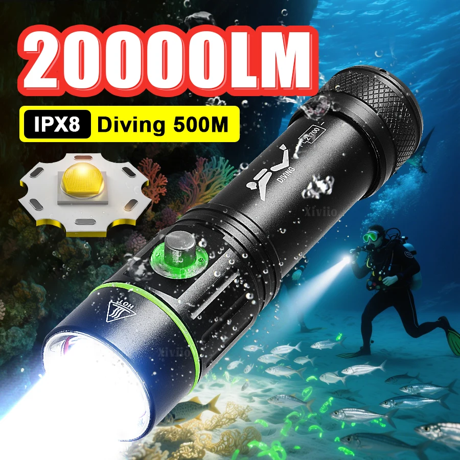 

20000LM Яркий светодиодный фонарик для дайвинга Профессиональный фонарик для дайвинга IPX8 Подводная лампа для подводного плавания 500M Мощная лампа для дайвинга L2