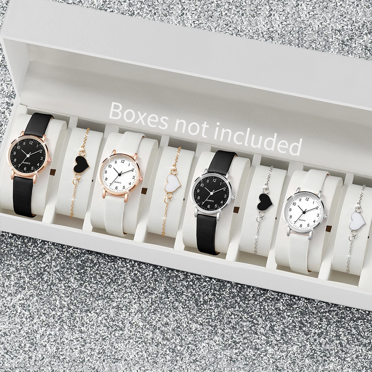Quartz Watch with Leather Bracelet for Women, Heart Bracelets Without Box, Casual, Small, Female, Fashion, 8 Pieces Per Set