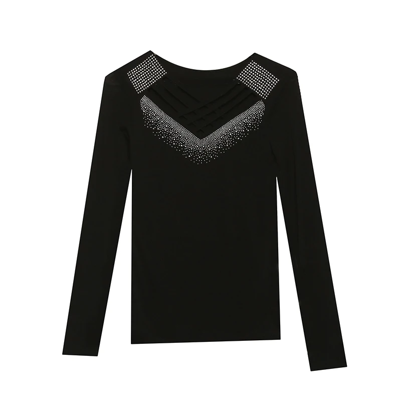 2023 Spring Autumn New Women Mesh Tops Fashion Cross Hollow Ironing Drill Long-Sleeved Bottoming Shirt Elasticity T-Shirt