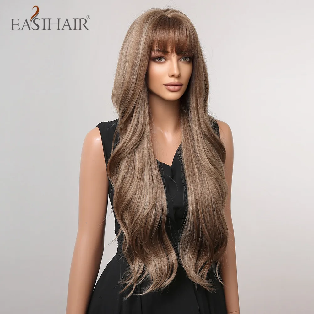 EASIHAIR Brown Mixed Blonde Synthetic Wigs with Bang Long Natural Wavy Hair Wig for Black Women Daily Cosplay Use Heat Resistant