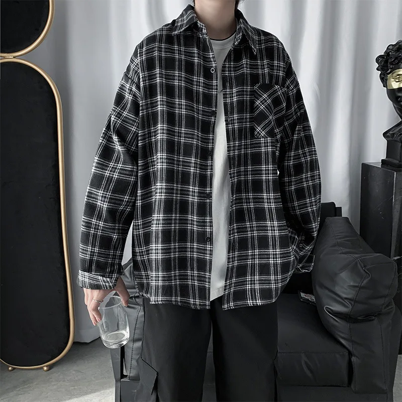 Loose Long Sleeve Shirt Casual Style Spring Fashion for Men And Women Plaid Pattern Cotton Polyester Blend Spring Outerwear