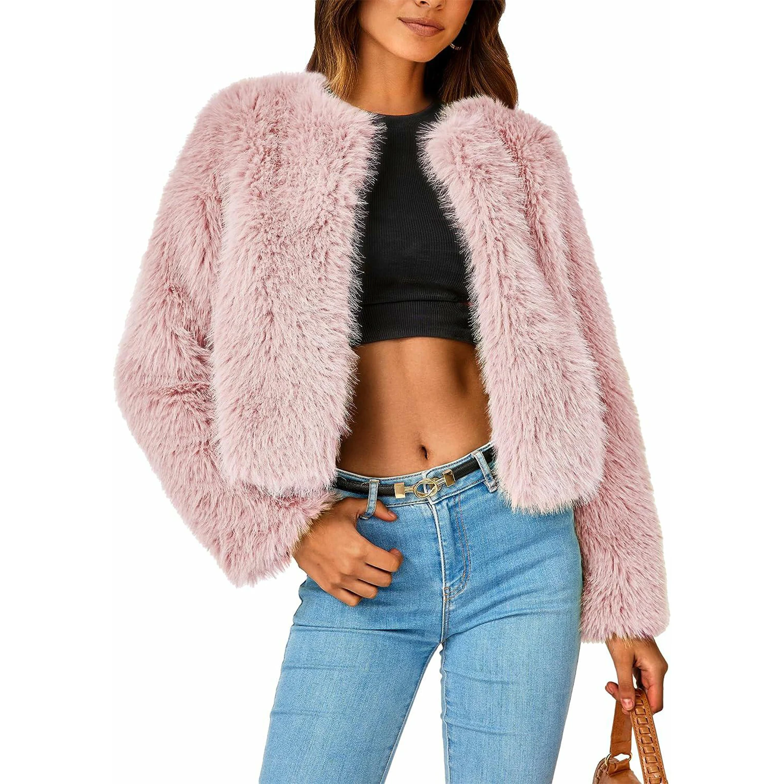 Women\'s Elegant Winter Faux Fur Coats Cardigans Fleece Cropped Jacket Solid Color Long Sleeve Shaggy Warm Outerwear Coats