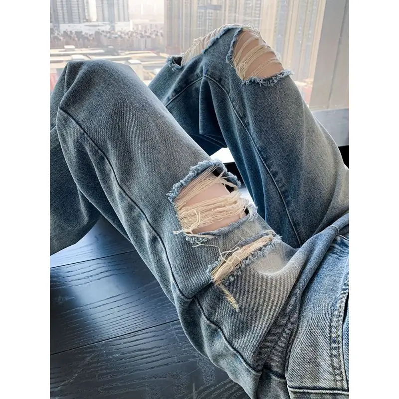 High Waist Wide Leg Straight Cut Jeans Women's Loose Fit Hole Design Thin Material Comfortable Cotton Denim Slimming Effect