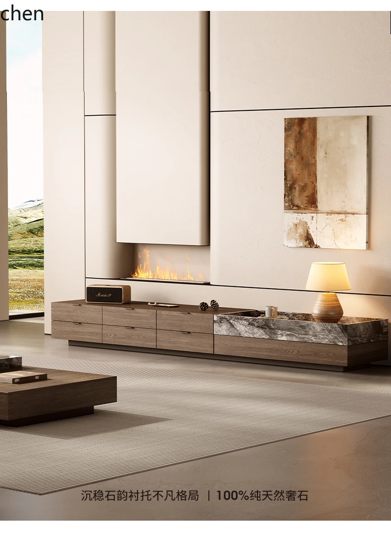 HTT Modern Minimalist Light Luxury Natural Luxury Stone Solid Wood Storage TV Cabinet Living Room Household Floor Cabinet