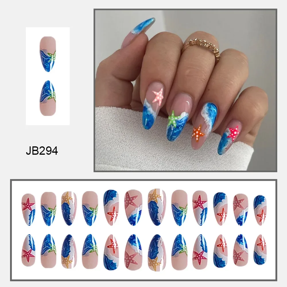 Miniso 2024 Starfish Fake Nails Summer Blue Sea Almond Press on Nails Ins Sweet Fashion False Nails Tips for Girl Women Wearable