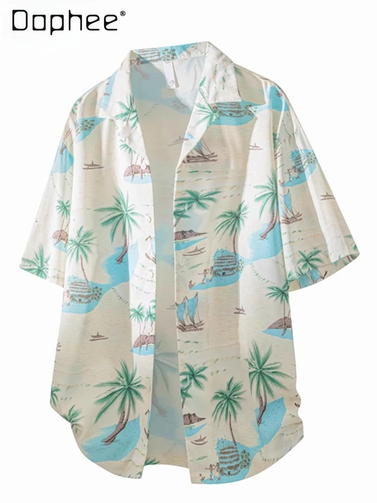 

2025 Summer New Men's Beach Vacation Blue Purple Short Sleeve Shirt Trendy Couple Thin Loose Dark Green Khaki Shirt