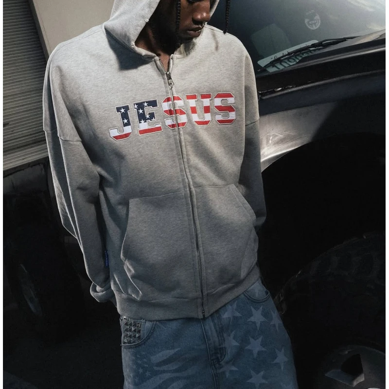 Autumn and winter American loose fashion street casual personality letter colorful printed hooded cardigan sweatshirt