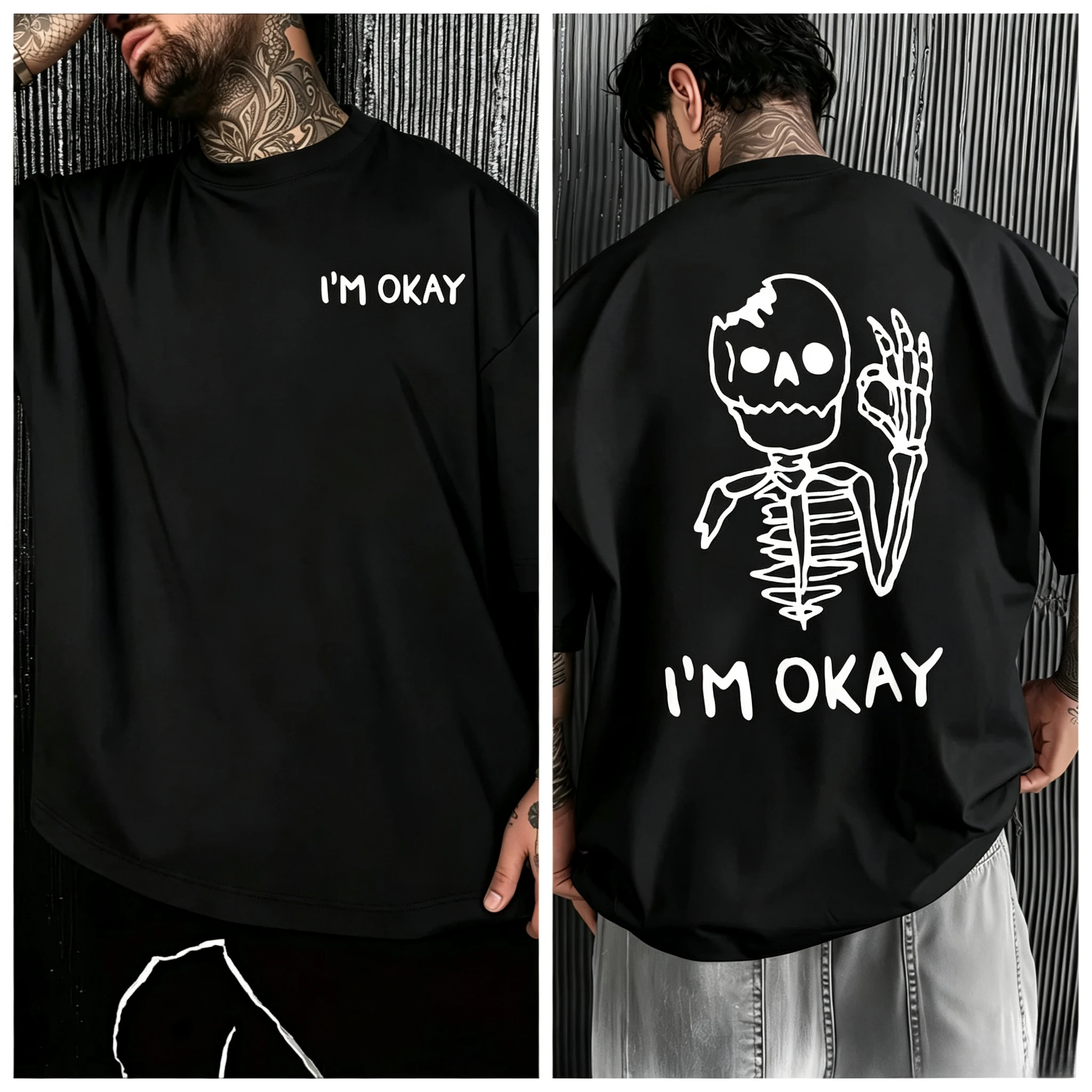 T-shirt unisexe vintage avec motif squelette gothique I'M OKAY, style streetwear décontracté, coupe oversize, col rond, tendance, idéal pour l'été, cadeau original