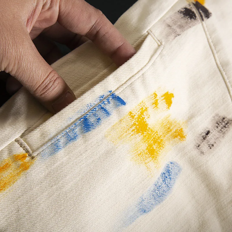 Graffiti printed patchwork jeans men's beige trendy brand high-end stretch slim fit small foot heavyweight denim pants