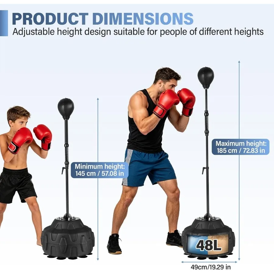 Adjustable Reflex Bag Boxing Speed Bag with Stand, 57–72 in Height, PVC Sphere & Thick Spring, Suction Cup Base, Fast Setup