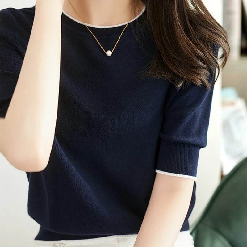 2022 Summer New Women\'s Knitted Sleeve Loose Navy Blue Solid Spliced O-Neck Half Casual Shirts Tops Mujer Blusas Female 2797