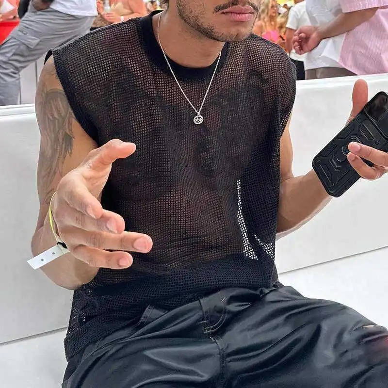 مثير لي جولة Ne تي شيرت الرجال فضفاض عارضة Svel سترة شفافة بال الصيف الملابس الوقوف صالح عرق سترة