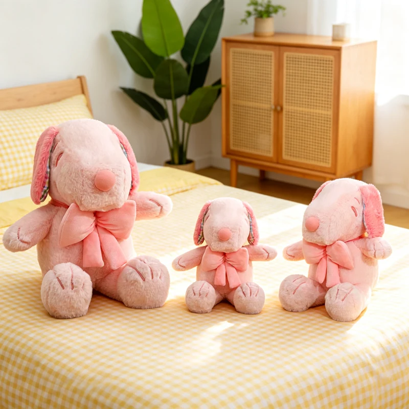 

New Pink Puppy Plush Doll with Bow Tie Soft Fluffy Snoopy Toy in 3 Sizes Cute Animal Plushie for Kids Room Decor & Collection