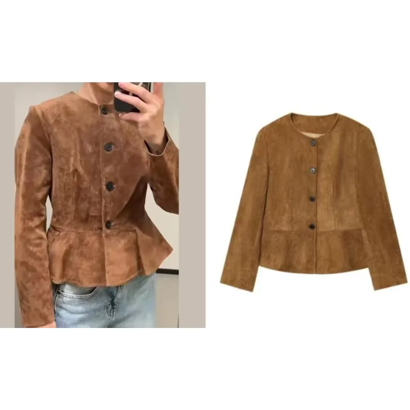 

Women's round neck casual deerskin velvet jacket women's autumn single breasted long sleeved jacket