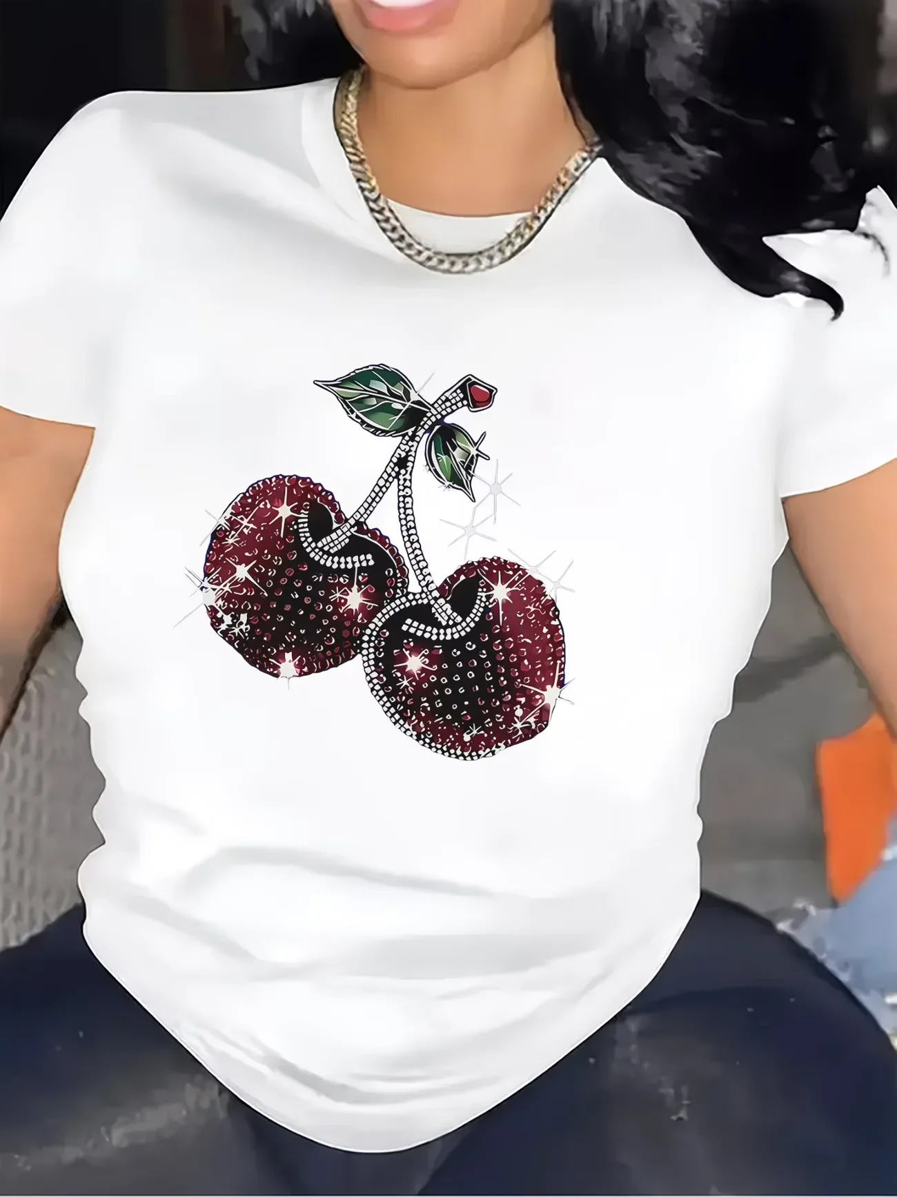 Sparkling Cherry Design Print Women Tee Short Sleeve Round Neck Fun Top Casual Everyday Cost-effective Women's 2000s Y2k Clothes