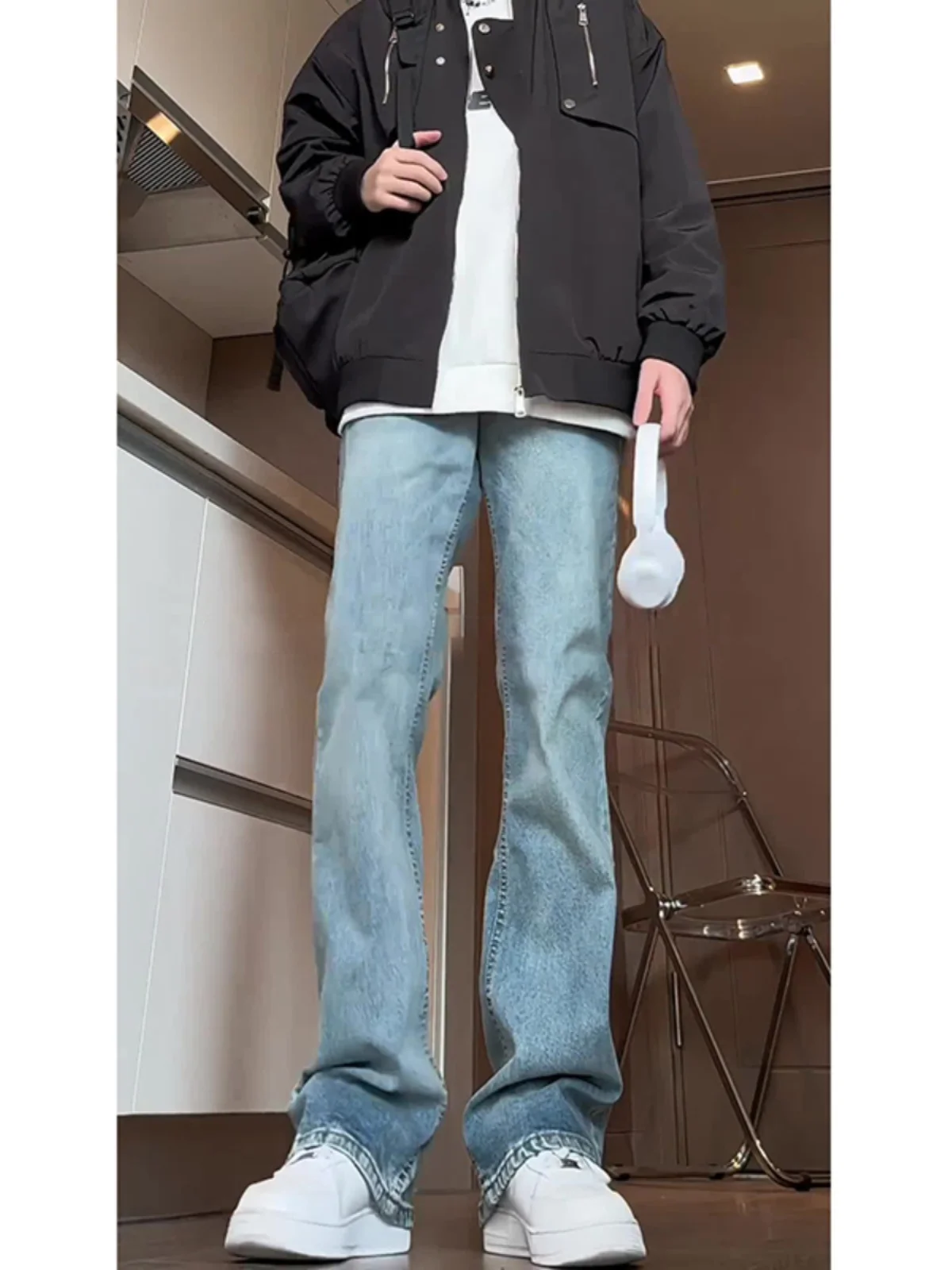 

Soft Light Blue Men's Jeans Slim Fit High Elastic Straight Leg Micro Flared Pants Lengthening Legs American High Street Sle