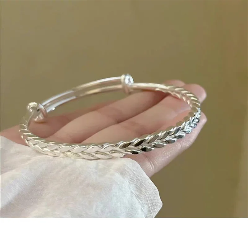 999 Sterling Silver Harvest Wheat Spike Bangle Women Simple Adjustable Push Pull Wrist Bracelet Daily Jewelry