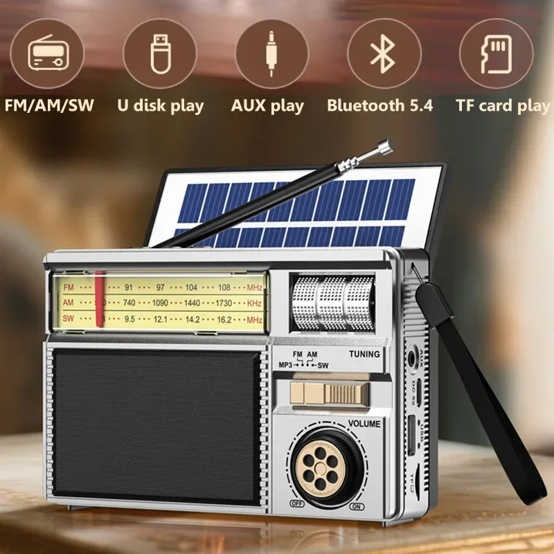 Vintage Classic Portable DSP FM AM SW Radio Solar Recharge Bluetooth5.4 Speaker TF Card USB AUX Player for Indoor & Outdoor Uses
