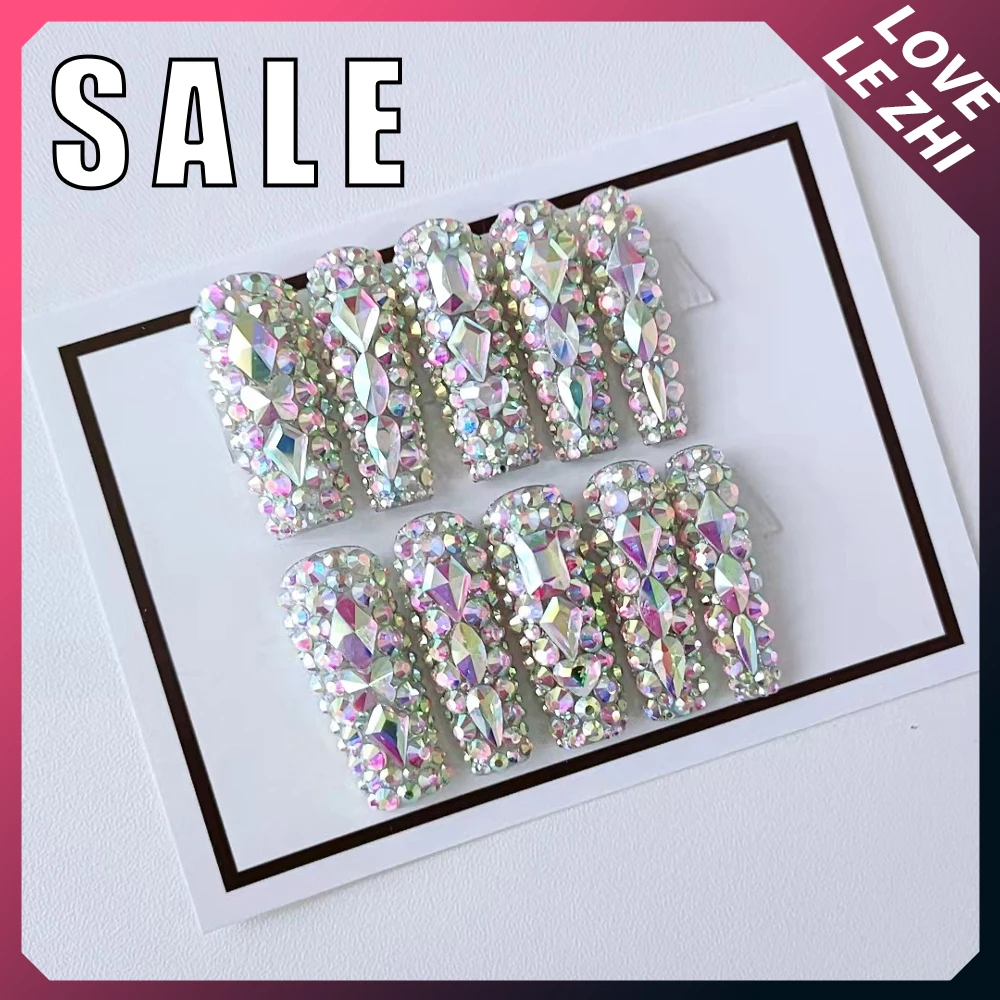 

High Quality Luxury Full Diamond Reusable Full Cover Nail Art French Long Coffin Glitter Press On Nail Party Stickers Promotion