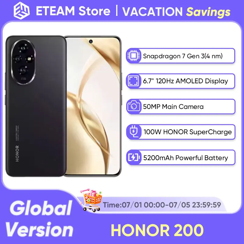 2024 Новый оригинальный смартфон HONOR 200 Global Version Snapdragon 7 Gen 3 5G 6,7-дюймовый AMOLED-дисплей 5200 мАч HONOR 100 Вт SuperCharge