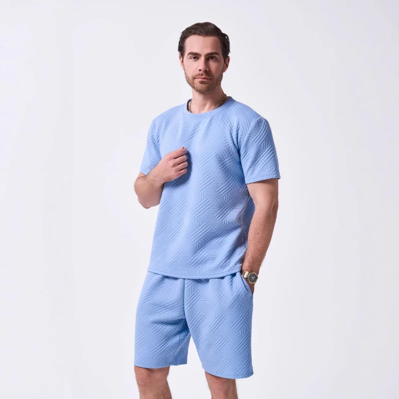 Summer Men's New Knitted Jacquard Solid Color Round Neck Short-sleeved Casual T-shirt Shorts Suit