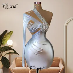 Shinny Silver Crystals Short Prom Dresses One Shoulder Flower Beaded Mini Cocktail Party Dress for Birthday Evening Graduation