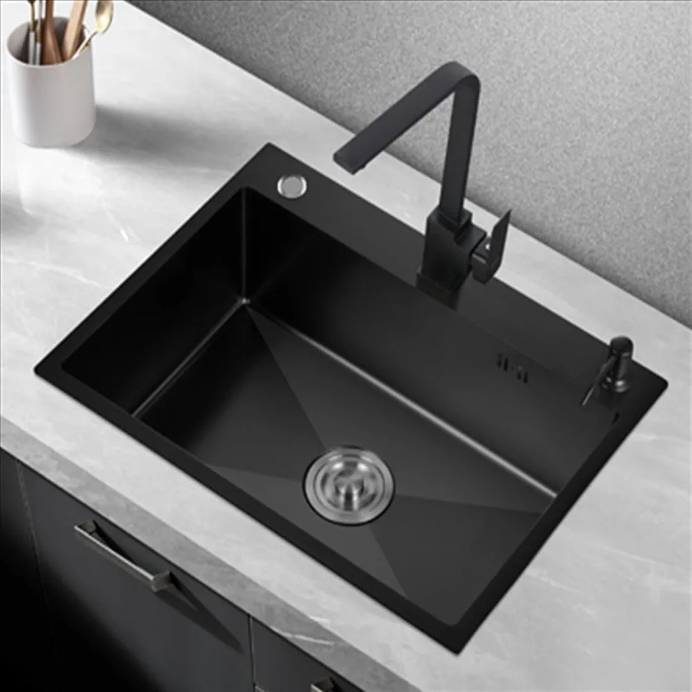 

Черная кухонная мойка из нержавеющей стали 304 с одной чашей, 7-образным краном и полным набором аксессуаров